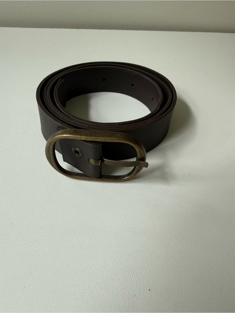 Women's Dark Brown Leather Belt with Antique Brass Oval Buckle